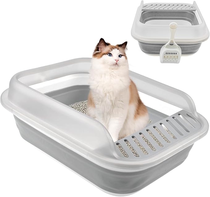 Open Cat Bedpan with Spoon,Shallow Splash Proof Travel Litter Box with Sand Drop Pedal High Side Low Entrance Cat Toilet Semi-Enclosed Adjustable for Kittens Elderly Cats Disabled Cats(Gray)