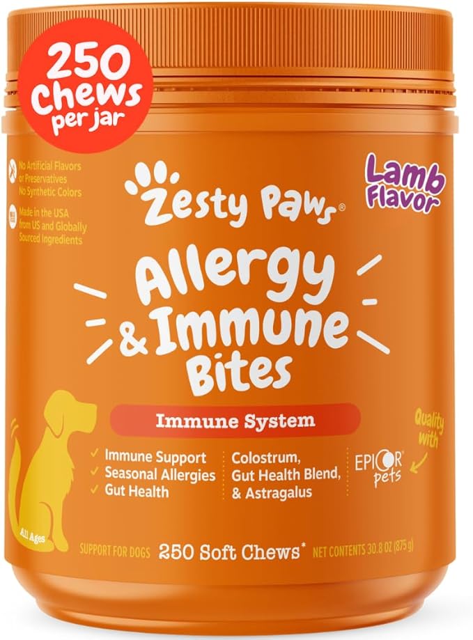 Zesty Paws Dog Allergy Relief Chews, Dog Probiotics for Itchy Skin and Ears, Lamb, 250ct