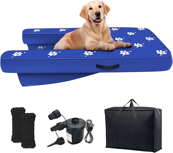 Inflatable Dock Platform with Electric Pump, Dog Boat Ramp Floating Non-Slip Oxford and PVC with Water Ramp for Dogs Pool, Dock, Lake with Traction Rope Blue (4.7ft x 3ft x 6in)