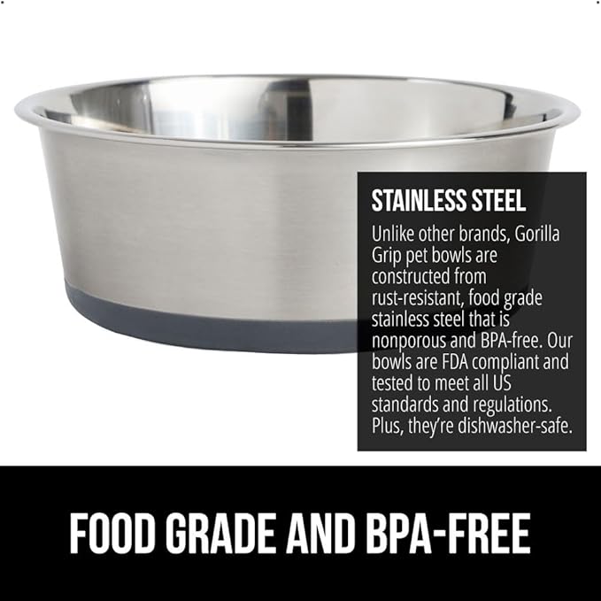 GORILLA GRIP Set of 2 Dog Bowls, Holds 6 Cups (48 fl oz), Heavy Duty Metal Food and Water Bowl for Feeding Dogs and Cats, Dishwasher Safe, Rust Resistant Stainless Steel, BPA Free Rubber Base, Gray