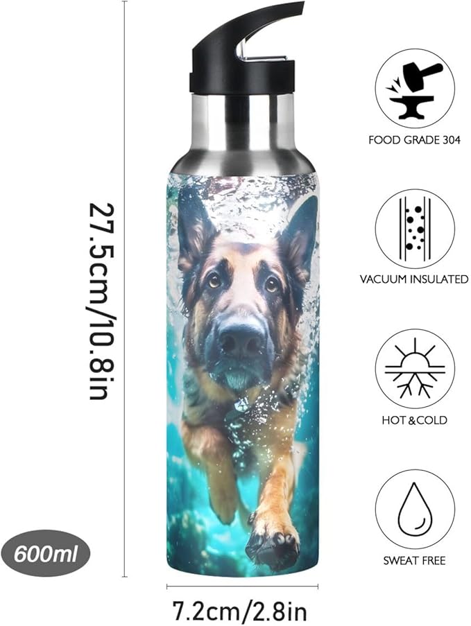 German Shepherd Dog Underwater Water Bottle with Straw Lid Kids Insulated Stainless Steel Water Flask Sports, 20 Oz Hot Cold