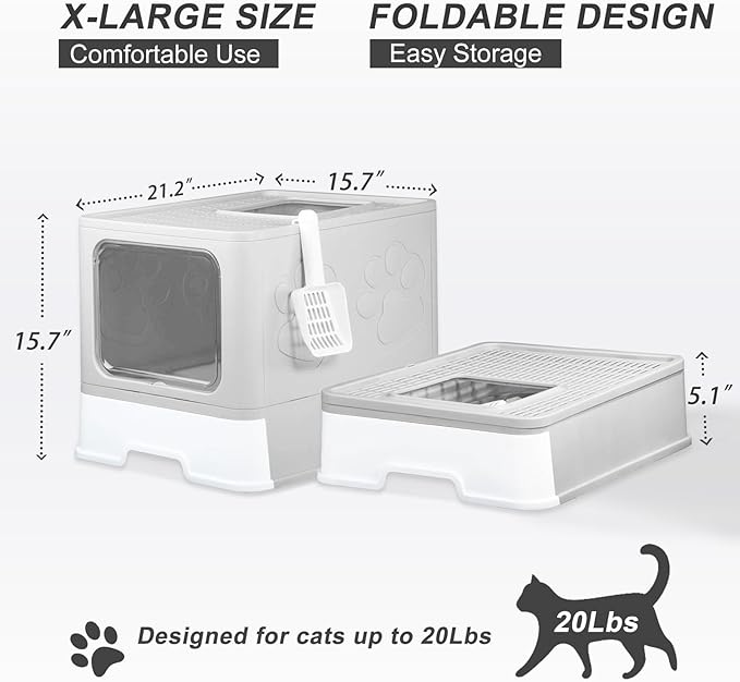 Upgrade Portable Litter Box, Top Entry Cat Box with Lid, No Leakage Kitty Box with Scoop and Mat, Easy Cleaning Cat Box Enclosure (Grey)