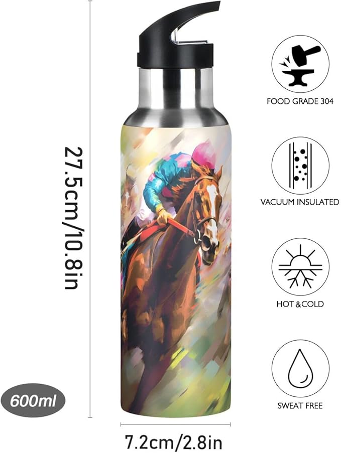 Horse Racing Water Bottle with Straw Lid Kids Insulated Stainless Steel Water Flask Sports, 20 Oz Hot Cold