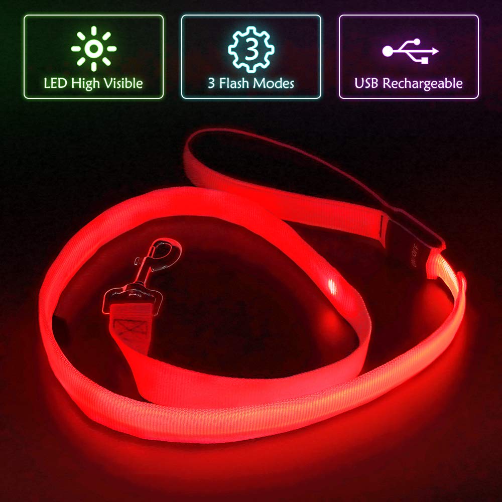 Illumifun LED Dog Leash, USB Rechargeable Light Up Dog Lead, 47.2inch Nylon Glowing Pet Leash for Your Night Dog Walking (RedⅠ)