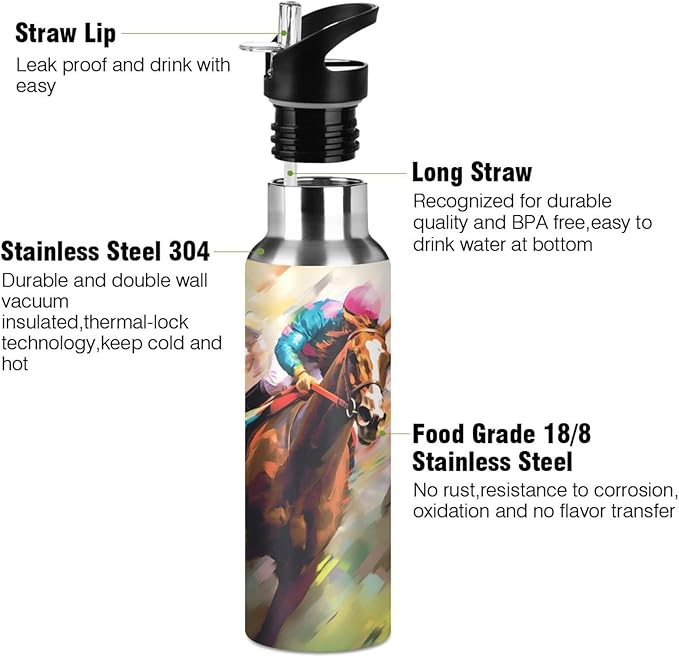 Horse Racing Water Bottle with Straw Lid Kids Insulated Stainless Steel Water Flask Sports, 20 Oz Hot Cold