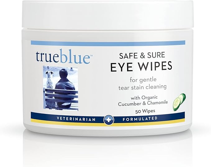 TrueBlue Cucumber & Chamomile Safe and Sure Dog Eye Wipes – Pre-Moistened Textured Pads for Tear Stain Eye Cleaning – Cleansing Eye Wipe for Dogs, Puppies – Non-Toxic, All-Natural – 50 Count