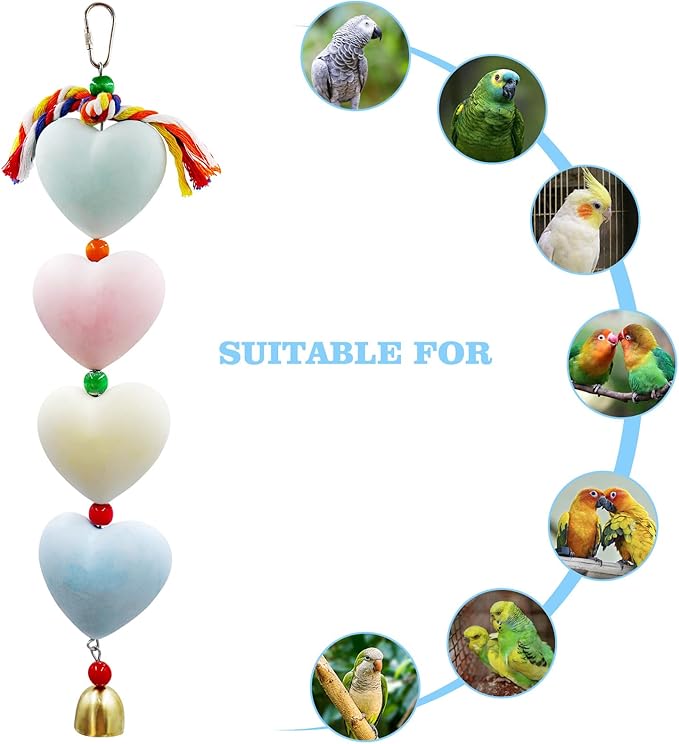 Mineral Chew Toy, Heart Shape Colorful Beaded Bird Toys with Bells | Beak Grinding & Foraging Enrichment for African Grey, Amazon Parrots, Budgies, Cockatiels, Conures