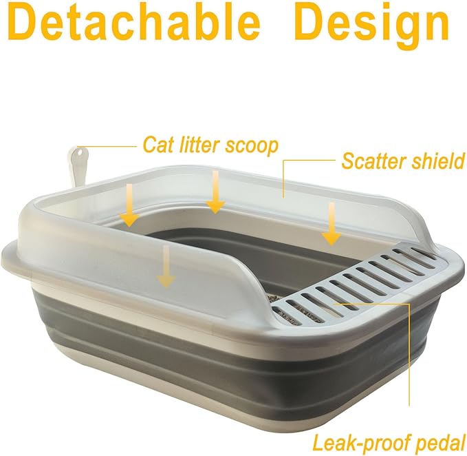 Open Cat Litter Box with High Side, 20.67 X 15.16 inch Anti-Splashing Kitty Litter Pan Collapsible Travel Litter Potty Pan Scoop Leak-Proof Pedal Cat Toilet No Smell Easy Clean (L Gray High Side)