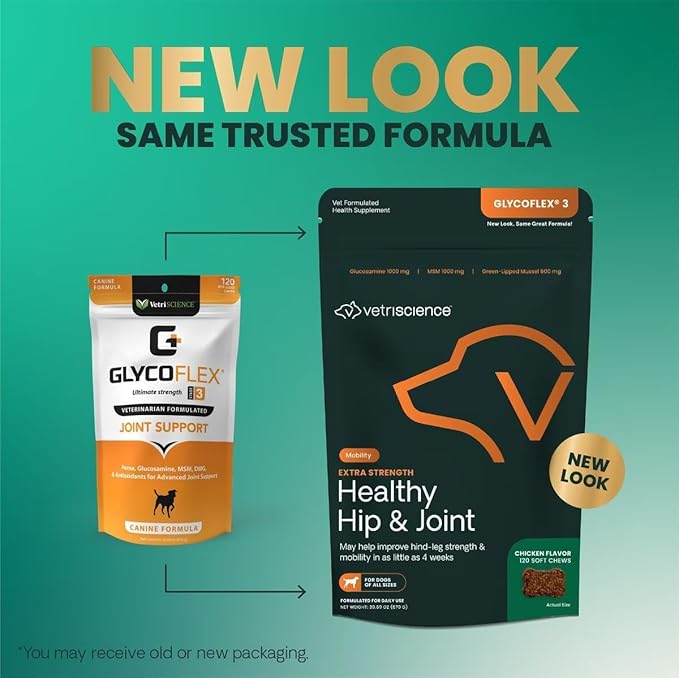 VetriScience Glycoflex 3 Hip and Joint Supplement for Dogs - Maximum Strength Dog Supplement with Glucosamine, MSM, Green Lipped Mussel & DMG - 3 Pack (120 Chews Each)