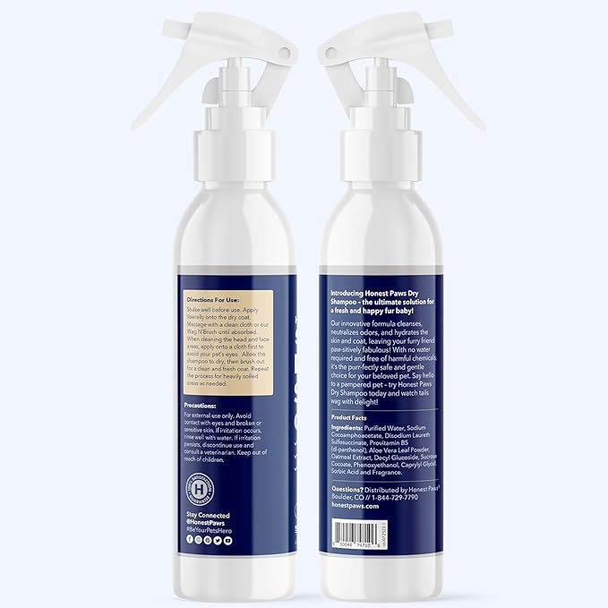 Honest Paws Dog Dry Shampoo - Waterless No Rinse Spray Formula Reducing Itch Cleanse Hydrate Nourish Dry Skin and Smelly Coat Help Decrease Odor Shedding and Allergies - Mandarin & Berry - 8 oz