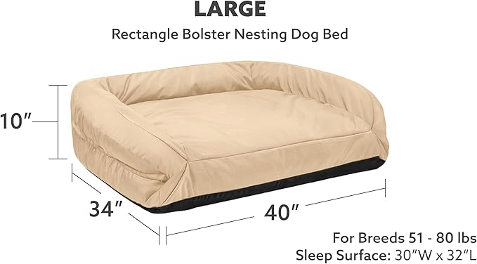 K9 Ballistics Tough Bolster Nesting Pillow Large Sofa Dog Bed with Removable Washable Cover - Durable, Water Resistant with Nonskid Bottom 40"x34", Sandstone