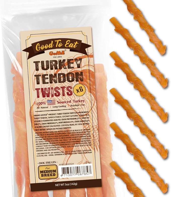 Gootoe Turkey Tendon Dog Treats, Twists (M) 5 oz, USA-Sourced Turkey Tendon, Natural Snack, Premium Puppy Chews, Hypoallergenic, Rawhide-Free, Reseal Value Bags, Size for Medium Dogs