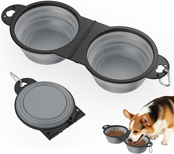 Pawaboo 2-in-1 Collapsible Dog Bowls, Dual Puppy Food and Water Bowls, 180° Flip Over Portable Silicone Dog Bowl with Metal Hook, 450ml Pet Travel Feeder Bowl for Walking Hiking Camping, Gray