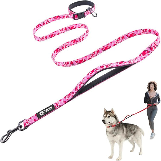 TSPRO Hands Free Dog Leash for Small Dogs, Adjustable Durable Leash with Comfortable Safety Padded Handle, Heavy Duty Metal Clasp for Walking, Running, Training (Camo Pink)