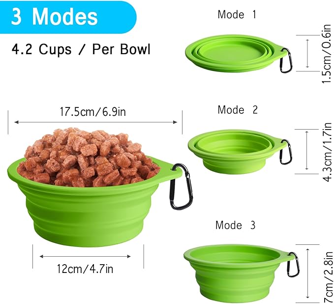 PetBonus 2-Pack Large Silicone Collapsible Dog Bowls, 34oz/1000ml BPA Free Portable Foldable Travel Bowl for Pet Cat, Food Water Feeding Dish for Camping with 2 Carabiners (Light Blue & Green)