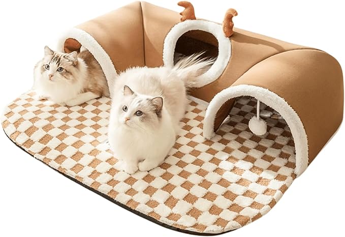 Cat Tunnel Bed Indoor,Cat Peekaboo Cave Bed for Multiple Cats,Kitty Tube with Cat Balls Toys,Removable Cat Bed House Washable,Small Animal Tunnel for Kitty,Bunny (Brown,Large)