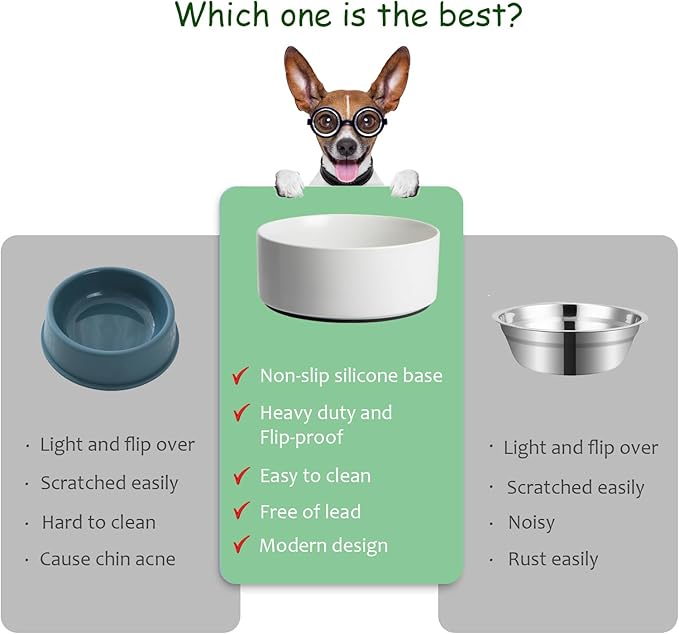 Large Dog Bowls, Non Slip Heavy Ceramic Dog Food and Water Bowl with Silicone Base, 8" Pet Feeding Bowl for Small, Medium, and Big Dogs (White, 8 Inches)