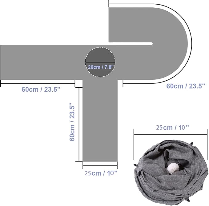 Ownpets Cat Tunnel Large 3 Way Collapsible Cloth Pet Tunnel Tube with Plush Ball & Feather Toy, U-Shaped Cat Play Tunnel for Indoor Cat, Puppy, Kitty, Kitten, Rabbit(Gray)