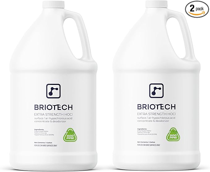 BRIOTECH Extra Strength HOCl Cleaner, 500 PPM Hypochlorous Acid Concentrate, ULV Foggers & Humidifiers, Professional Deodorizer for Dental, Offices, Schools, Homes, Peroxide Free, 1 Gallon (2 Pack)