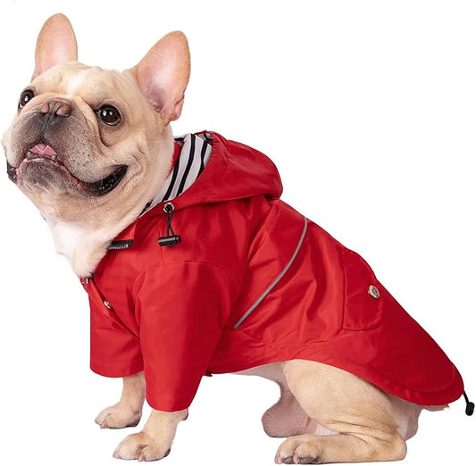HDE Dog Raincoat Poncho Double Layer Zip Rain Jacket with Removable Hood, Leash Hole for Small to 3XL Dogs and Puppies Red - L