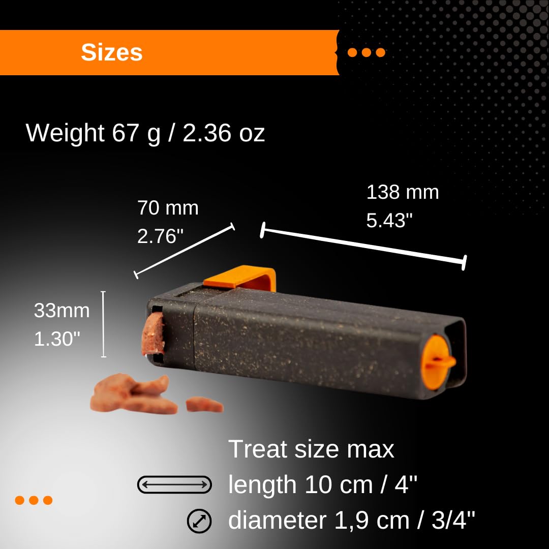 Handheld Dog Treat Dispenser, Offers a Treat (Max. diameter 3/4") in a Clean and Safe Way, Easy 1 Hand Operation, Slices Cheese, Meat Rolls etc. into Treats, Made in Finland