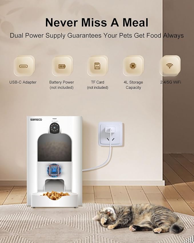 SANSCO Automatic Cat Feeder with Camera: Automatic Dog Feeder, 2MP Video Recording Timed 2.4 & 5GHz WiFi App Control Pet Feeder Dispenser for Cat Dog, Rotates Up and Down, 4L