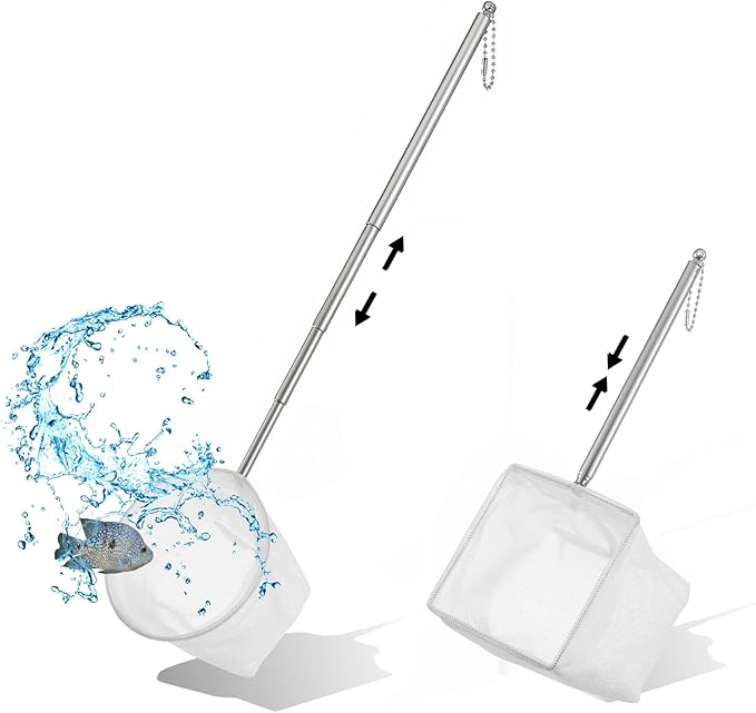 Fish Net for Fish Tank, 2 Pcs Aquarium Square Round Fishs Net Fine Mesh Fishs Nets Nano Nylon Nets with Extendable Stainless Steel Handle for Small Fishes Tank Aquarium Accessories (White)