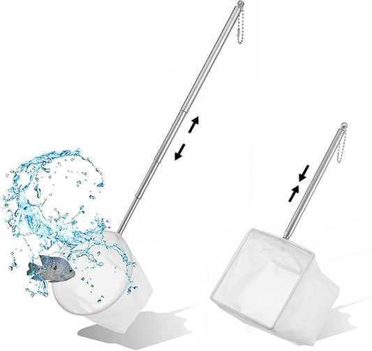 Fish Net for Fish Tank, 2 Pcs Aquarium Square Round Fishs Net Fine Mesh Fishs Nets Nano Nylon Nets with Extendable Stainless Steel Handle for Small Fishes Tank Aquarium Accessories (White)