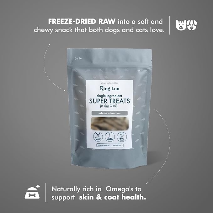 King Lou Pets - Whole Minnows for Cats and Dogs - Freeze Dried Minnows - USA-Made Freeze Dried Dog Treats and Cat Treats - Omega Rich for Skin and Coat Health - 1 lb Prior to Freeze-Drying