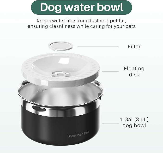 Gardner Pet Dog Bowls 1 Gallon (3.85L) Stainless Steel No Spill Dog Water Bowl, Slow Water Feeder Metal Bowls, Spill Proof Water Dispenser for Large Dogs, Promotes Healthy Hydration(Black)