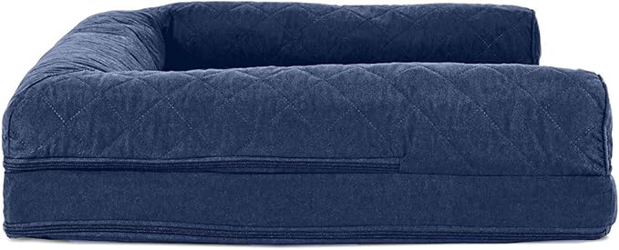 Furhaven Cooling Gel Dog Bed for Large/Medium Dogs w/ Removable Bolsters & Washable Cover, For Dogs Up to 55 lbs - Quilted Sofa - Navy (Blue), Large