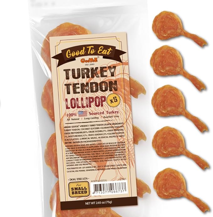 Gootoe Turkey Tendon Dog Treats, Lollipop (S) 5 Pieces per Pack, USA-Sourced Turkey Tendon, Natural Snack, Premium Puppy Chews, Hypoallergenic, Reseal Value Bags, Size for Small Dogs