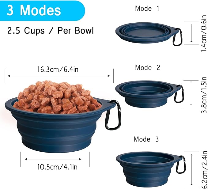 PetBonus 2-Pack Silicone Collapsible Dog Bowls, BPA Free Dishwasher Safe, Portable Foldable Expandable Travel Bowl, Food Water Feeding Cup Dish for Dogs Cats with 2 Carabiners (Army Green, Navy Blue)