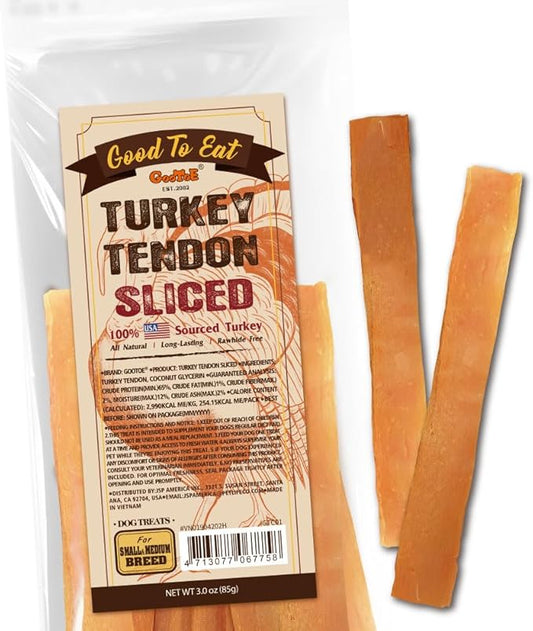 Gootoe Turkey Tendon Dog Treats, Sliced (M) 3oz, USA-Sourced Turkey Tendon, Natural Snack, Premium Puppy Chews, Hypoallergenic, Rawhide Free, Reseal Value Bags, Size for Medium Dogs