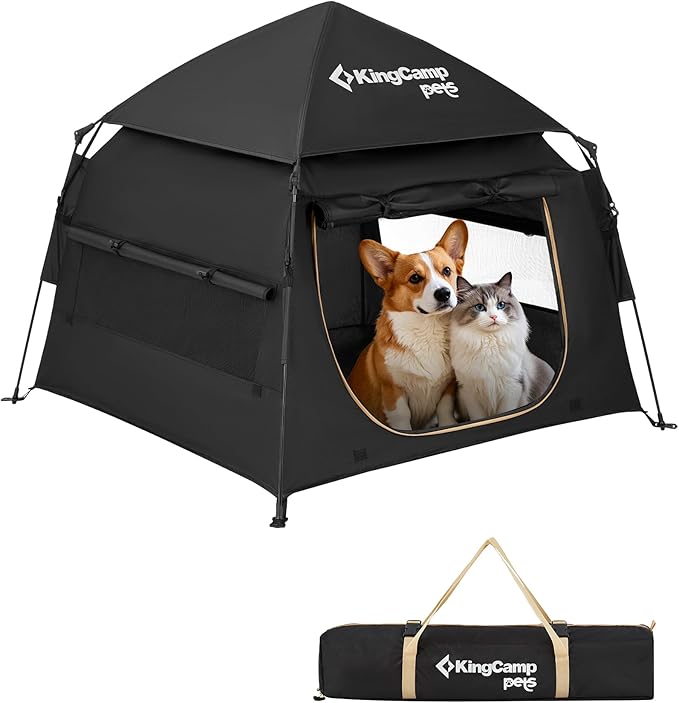 KingCamp Dog Tent, Large Portable Outdoor Indoor Dog House with 600D Oxford Fabric & Dual Layer for Medium Large Dogs, Jet Black
