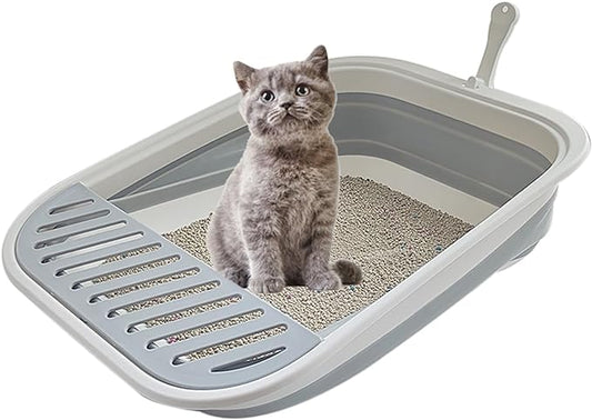 Collapsible Kitten Litter Box, 17.7 x 13.4 x 5 inch Open Cat Potty Pan with Scoop Foldable Shallow Cat Toilet Anti-Splashing Low Entrance Travel Litter Box with Falling Sand Pedal Grey