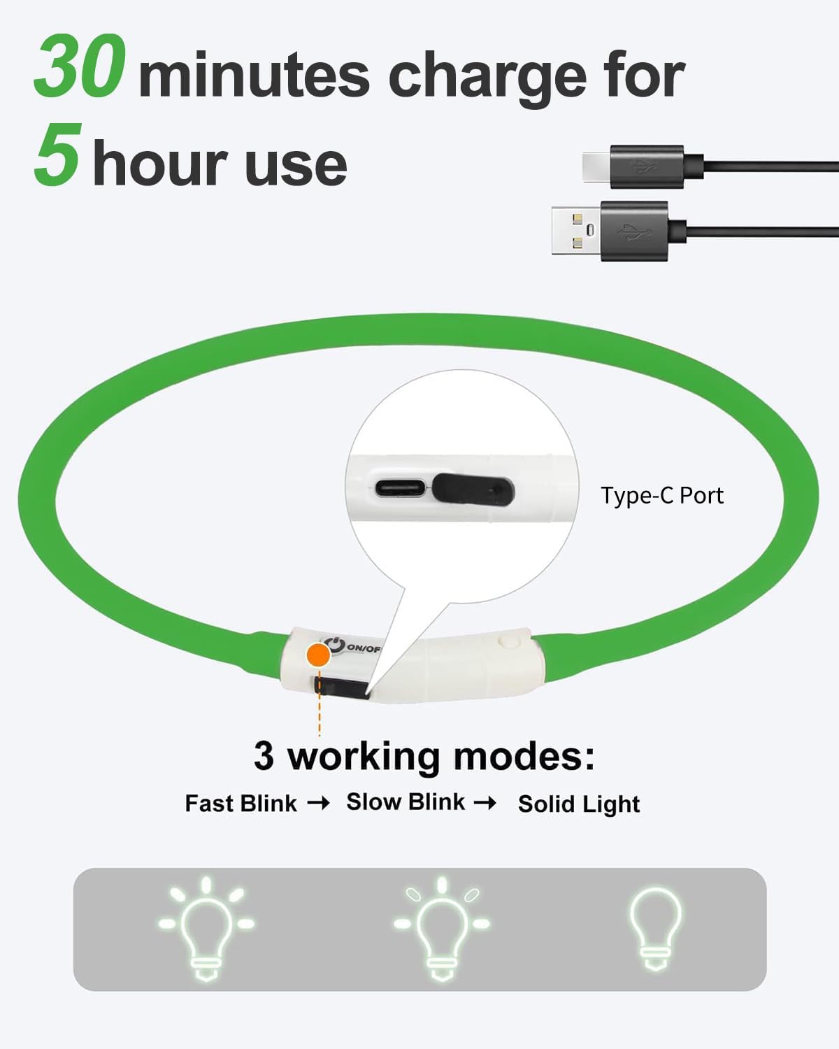 Joytale Light Up Dog Collar, Rechargeable Rainproof LED Collar for Night Walking Safety, Soft Silicone Glow in The Dark, Suitable for Small Medium Large Dogs, Green