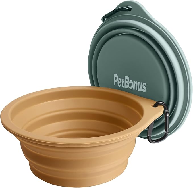 PetBonus 2-Pack Silicone Collapsible Dog Bowls, BPA Free Dishwasher Safe, Portable Foldable Expandable Travel Bowl, Food Water Feeding Cup Dish for Dogs Cats with 2 Carabiners (Turquoise, Tan)