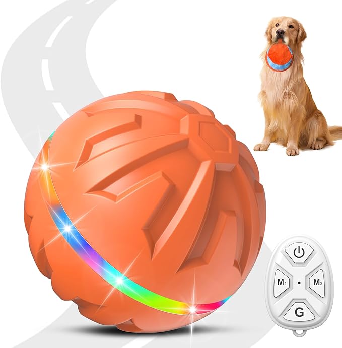Dog Toys Dog Ball, Durable Motion Active Rolling Balls with Remote Control LED Light, Rubber Peppy Pet Balls for Medium Large Dogs, USB Rechargeable, 3.2-in Diameter (Orange)