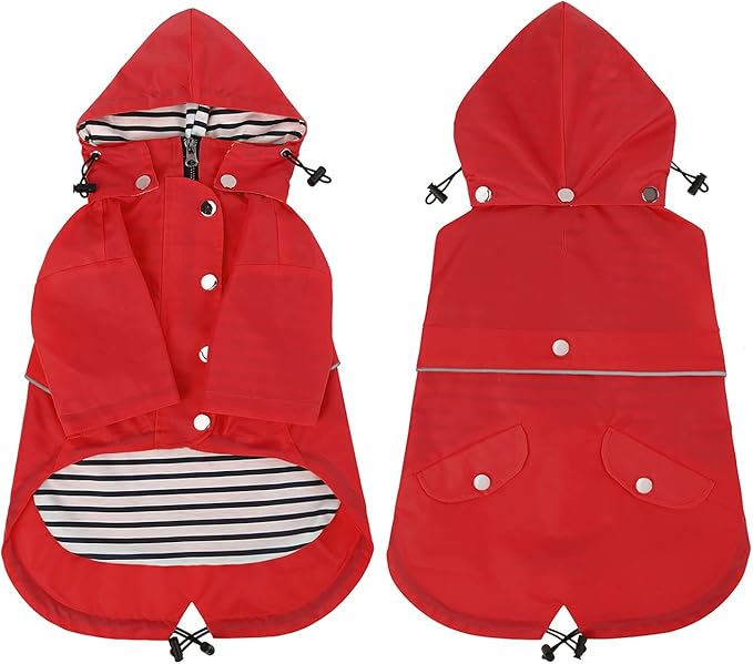 HDE Dog Raincoat Poncho Double Layer Zip Rain Jacket with Removable Hood, Leash Hole for Small to 3XL Dogs and Puppies Red - 2XL