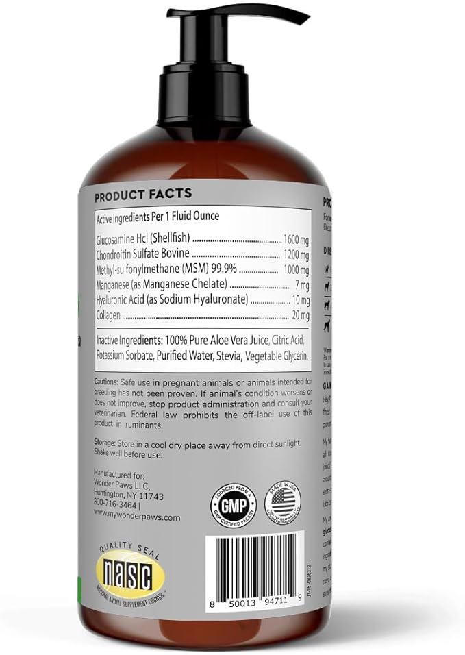 Premium Liquid Glucosamine for Dogs Strength Joint Support, Flexibility, Cartilage & Mobility - Hip and Joint Supplement with Chondroitin, MSM, Collagen & Hyaluronic Acid (16 Oz)