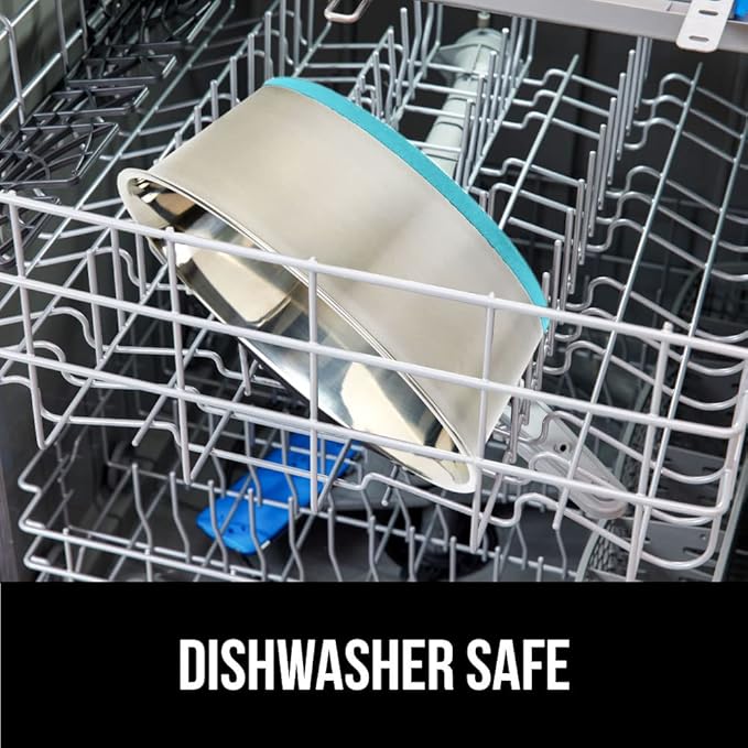 GORILLA GRIP Stainless Steel Metal Dog Bowl, Rubber Base, Heavy Duty Feeding Dish, Food Grade BPA Free, Less Sliding on Floors, Quiet Pet Bowl for Cats and Dogs, Holds 4 Cups (32 fl oz), Turquoise