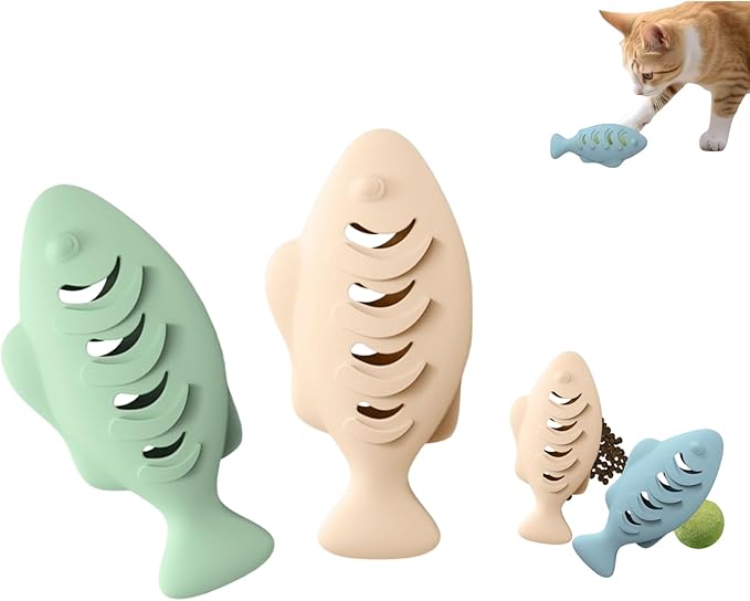 2Pcs Silicone Cat Toys, Multi-Functional Chew, Treat Dispenser, Interactive Feeder Toy for Indoor Cats, Food Puzzle Kitten Teething Toys, Durable Pet Training Toy with Catnip Ball (Pink&Green /Blue)