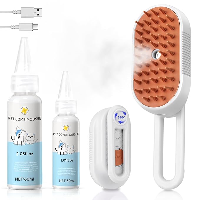 Steam Brush for Cat & Dog – 3-in-1 Spritz Pet Spray Hair Removal Comb for Grooming & Shedding Steam – Water Brush for Long & Short Haired Pets– Includes Two Bottles Waterless Shampoo