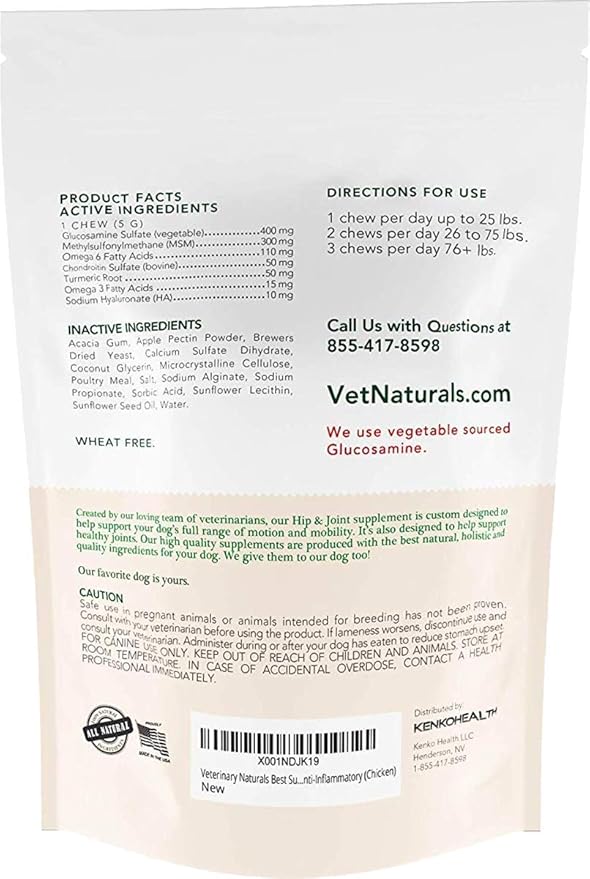 Veterinary Naturals Hip & Joint Supplement for Dogs - 60 Soft Dog Chews for Hip & Joint Support - Dog Vitamins and Supplements with Glucosamine for Dogs & MSM - Grain-Free, Roasted Chicken Flavor
