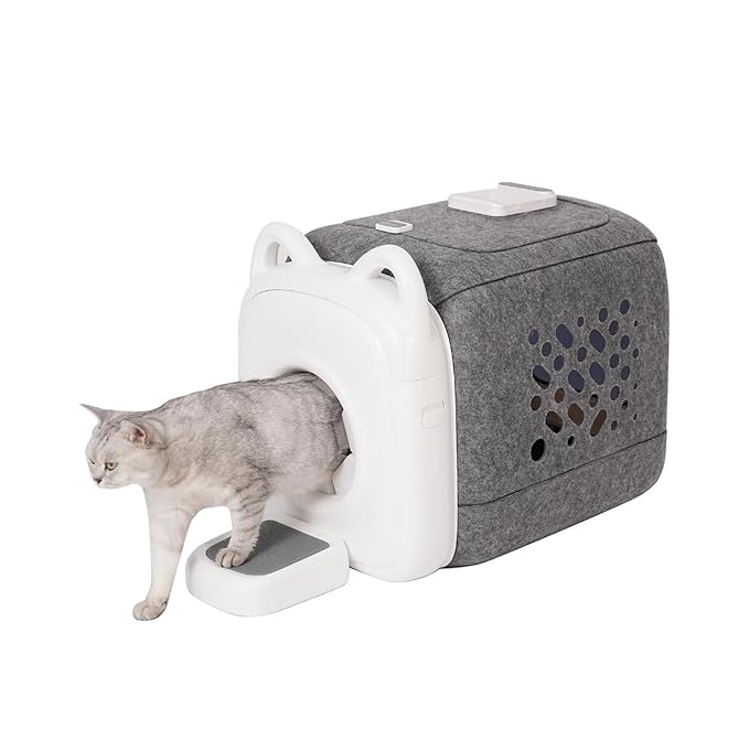 AutoComb Automatic Cat Self Groomer, 360° Surround Skin Friendly Grooming Tool For Cats, Self Cat Brushes with biomimetic cat tongue brush for Long or Short Haired & Smart feeder, White