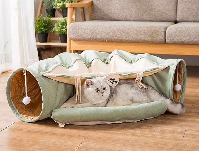 Cat Toys Collapsible Tunnel Bed Cozy Cave, Round Cuddle Snuggery Burrow Pet Litter House Bed Channel Removable Cover for Indoor Rabbits, Kittens and Dogs - Green