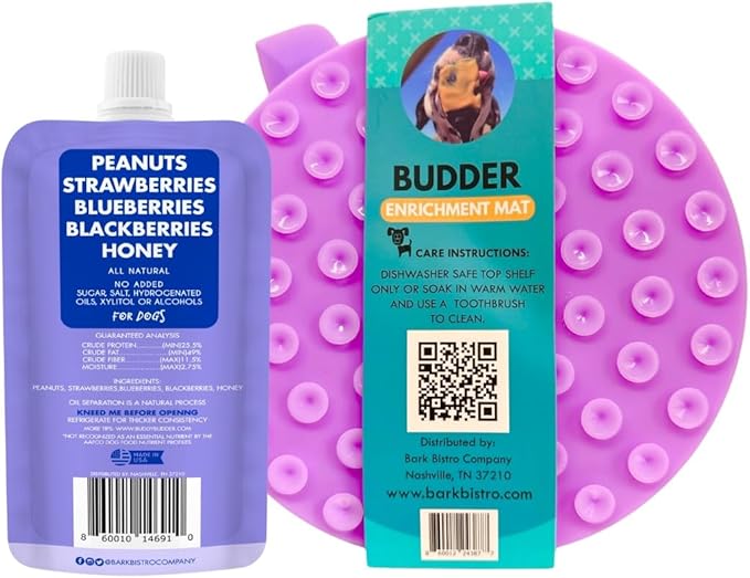 BUDDY BUDDER Bark Bistro Dog Lick Mat Set with Superberry Peanut Butter, Purple Enrichment Mat with Spatula, 4 oz Squeeze Pack