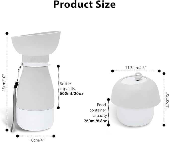 Portable Pet Water Bottle - 20 oz with 8.8 oz Food Container,Silicone Leakproof Travel Bottle for Dogs Cats, Detachable Feeding Dish for Walking Hiking Travel Grey