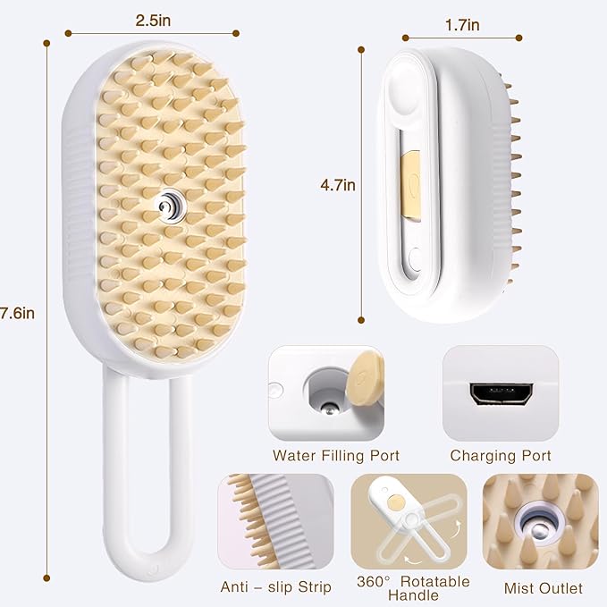Cat Steam Brush for Shedding,4 in 1 Pet Spray Hair Removal Comb,Anti-Static,Type-c Rechargeable,Self-Cleaning,Grooming,Massage,360°Rotating Arm for Easy Storage,Suitable for All Pets(White)